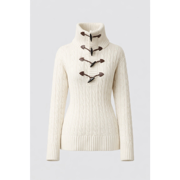 Ralph Lauren Wool Cashmere Toggle Cable Knit Sweater High Neck Ivory Women sizeL - Picture 7 of 16
